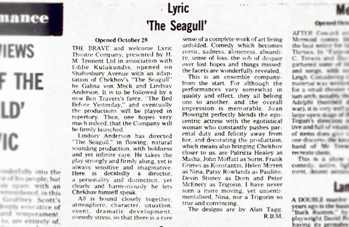 Joan Plowright and Helen Mirren reviewed in Chekhov – 50 years ago in The Stage